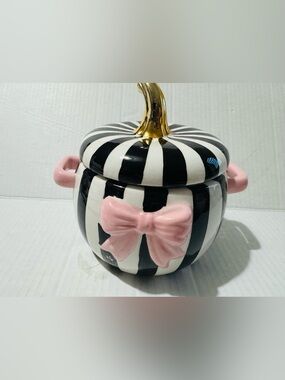 Halloween decor Striped pumpkin with Pink Bow and Gold stem BNWT